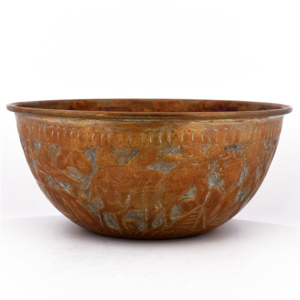 Engraved Copper Bowl Figural and Animal Motifs