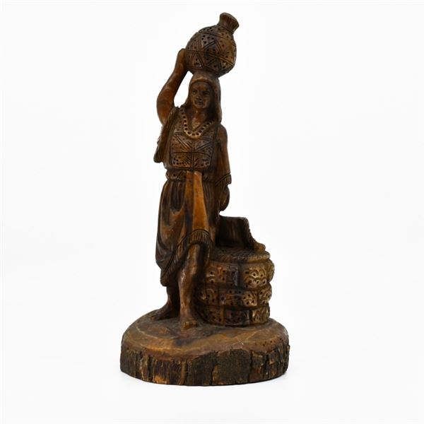 Hand Carved "Basket on Head" Folk Sculpture