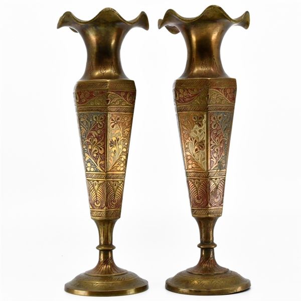Pair of Antique Indo-Persian Engraved Brass Vases