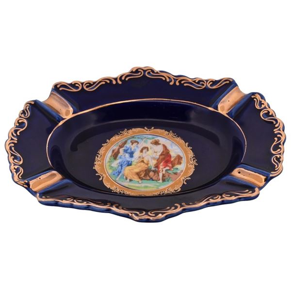 Cobalt Blue Gilt Porcelain Ashtray w Classical Sce