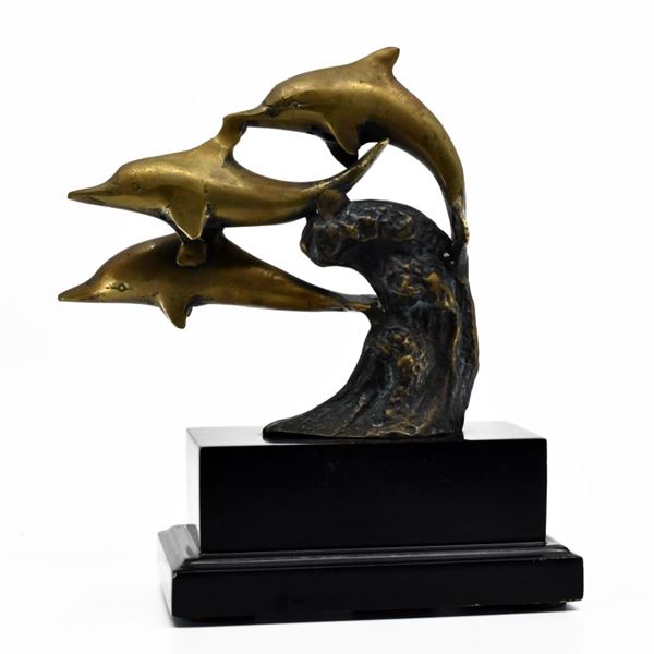Brass Lucky Dolphin Sculpture on Black Base