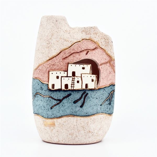 Southwest Pottery Vase Pueblo Scene Signed