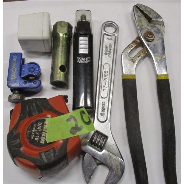 BOX C/W ASSORTED TOOLS (PLIERS, TAPE MEASURE, WRENCH, ETC)