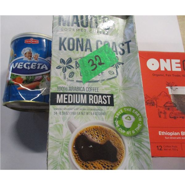 SHELF PULLS (AS IS):  TIN OF VEGETA SEASONING, KONA COFFEE (24 PODS) & ONE COFFEE (12 PODS)