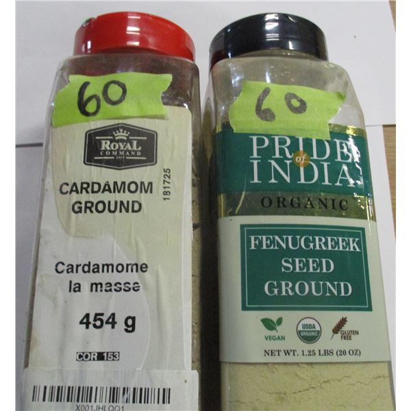 SHELF PULLS (AS IS):  CARDAMON & FENUGREEK GROUND SEED - 2 JARS
