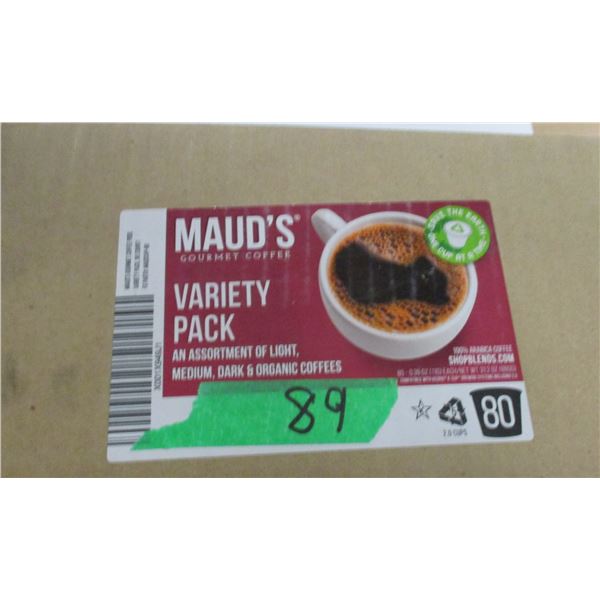 SHELF PULLS (AS IS):  MAUDS VARIETY COFFEE (APPROX. 80 K-CUPS) - BOX
