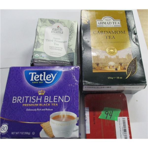 SHELF PULLS (AS IS):  BOX C/W TETLEY TEA, EARTH MAMA TEA, CARDAMON TEA & POWER TEA