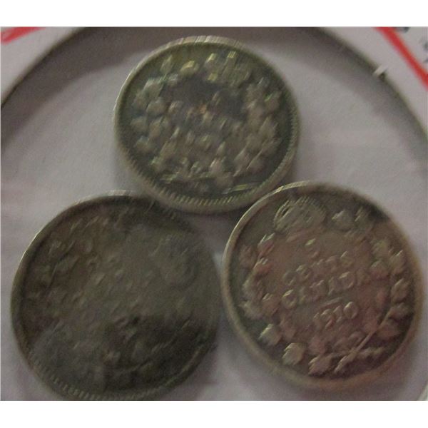 1901 VICTORIAN, 1906 & 1910 KING EDWARD VII CANADA SILVER FIVE CENTS