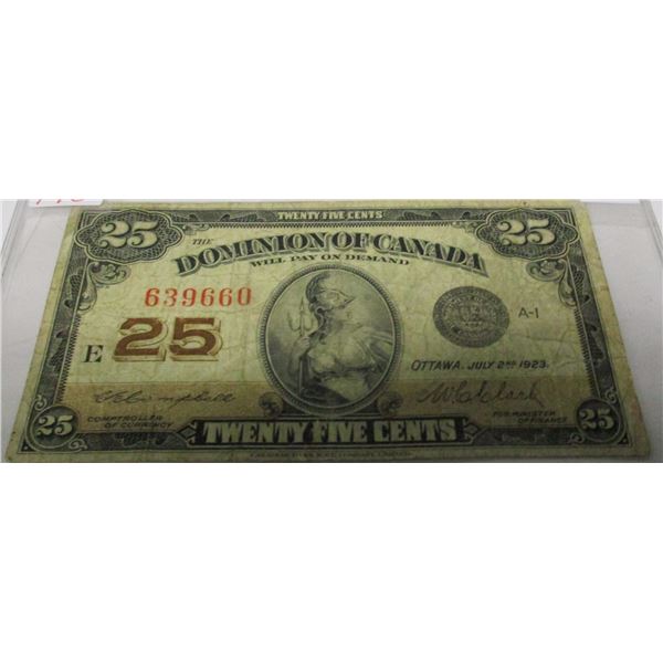 1923 DOMINION OF CANADA 25 CENT SHIN PLASTER