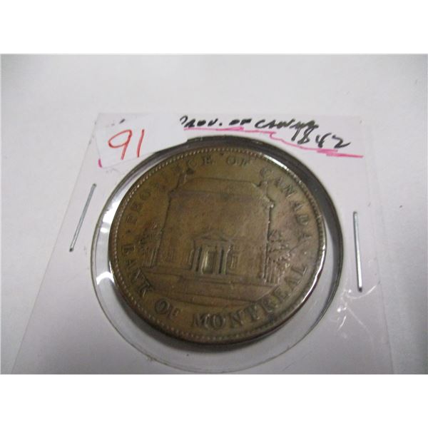 1842 PROVINCE OF CANADA BANK OF MONTREA PENNY TOKEN