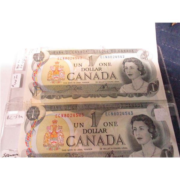 1973 SEQUENTIAL SERIAL NUMBERS LAST OF CANADA $1 BILLS