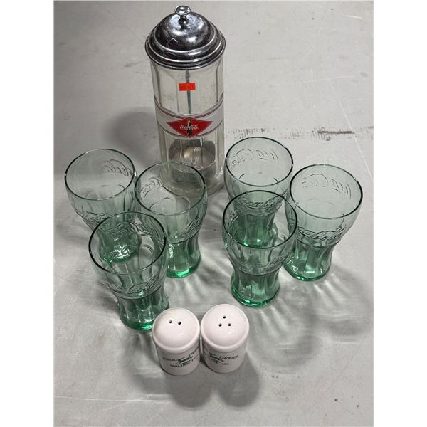 VTG Coca-Cola Glasses, Straw Dispenser, & John Deer Salt/Pepper Shakers