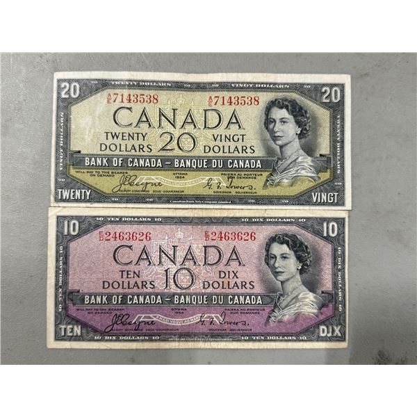 2 1954 Bank of Canada Devil's Face Banknotes ($10 & $20)