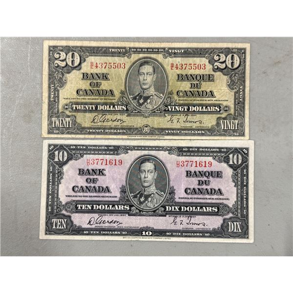 2 1937 Bank of Canada Banknotes ($10 & $20)