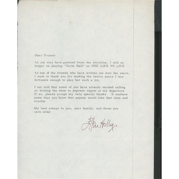 One Life To Live Ellen Holly signed fan letter