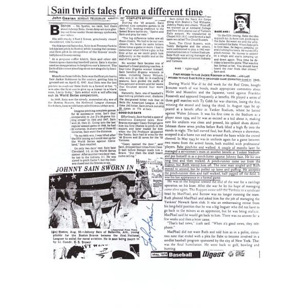 Johnny Sain signed newspaper clipping