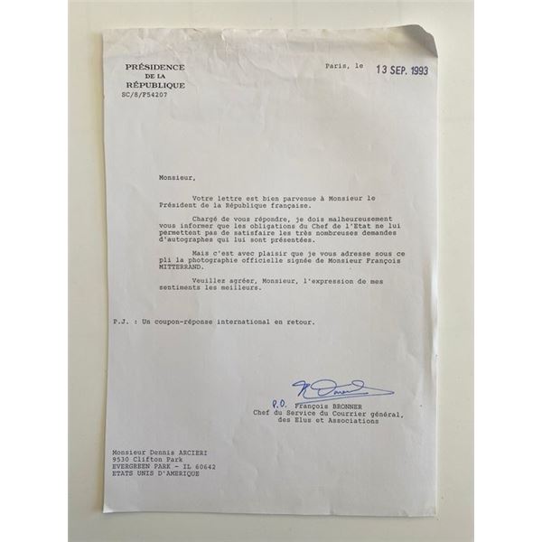 French President François Mitterrand  press office signed 1993 letter