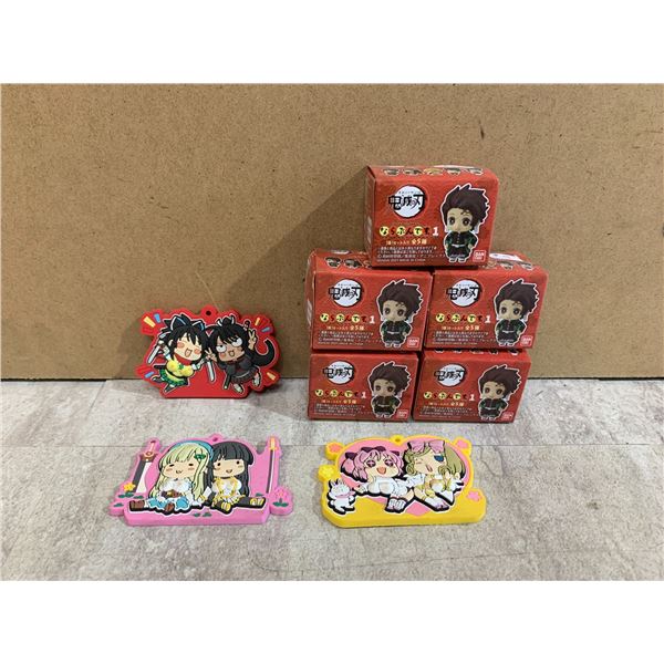 Lot Of 3 Anime Rubber Keychains & 5 Demon Slayer Mystery Figure Boxes