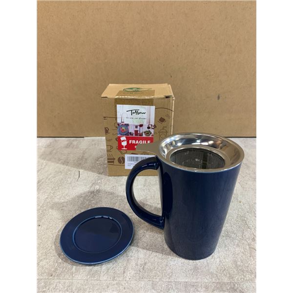 Tossow Ceramic Tea Mug With An Infuser & A Dark Blue Lid
