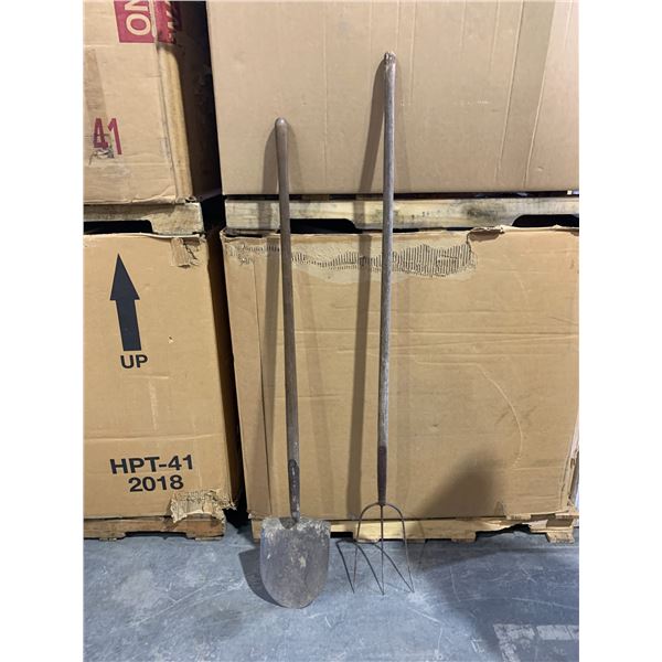 Lot Of 2 Tools - Shovel & Pitchfork - 42 & 48" Handles
