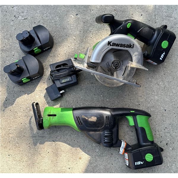 Kawasaki 18V Cordless Tool Lot: Circular Saw, Reciprocating Saw, 4 Batteries, Charger