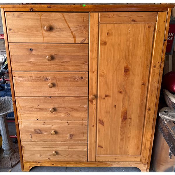 Pine Wood Dresser with Five Drawers and Shelved Cabinet