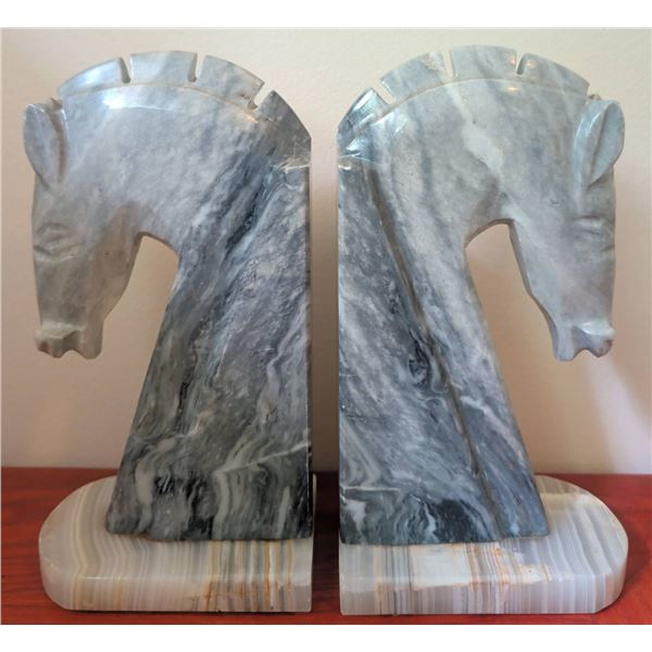 Hand Carved Marble Horse Head Bookends 9" Tall