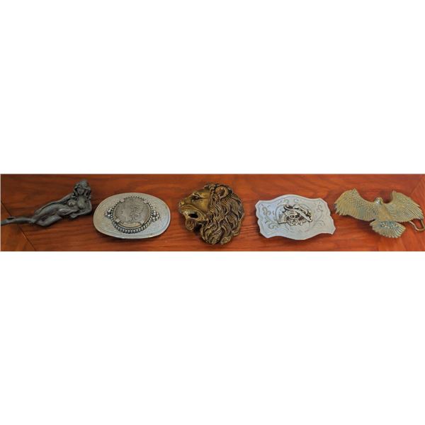 5 Metal Belt Buckles Including Solid Brass and Decorative Designs