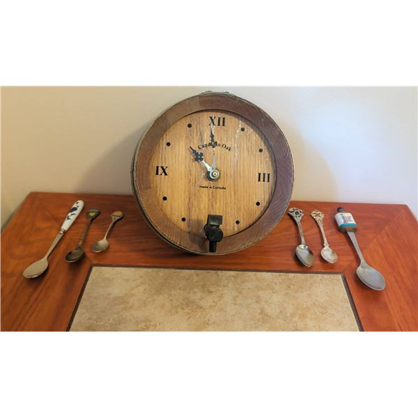 Canadian Oak Barrel Clock and Souvenir Spoon Set