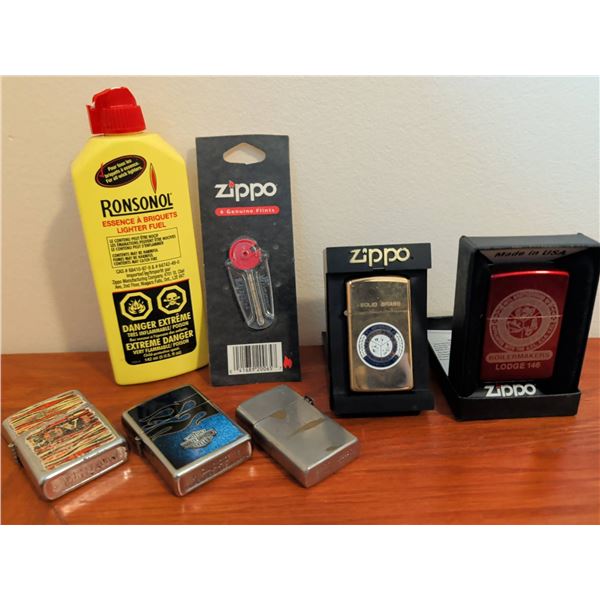 Zippo Lighter Collection with Accessories, Including Vintage and Boilermakers Lodge 146 Editions