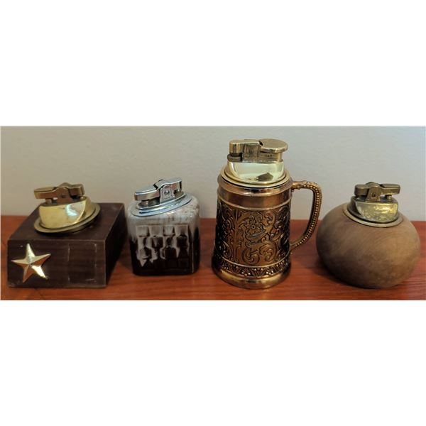 Four Table Lighters: Wood, Ceramic, Brass, and Mixed Materials