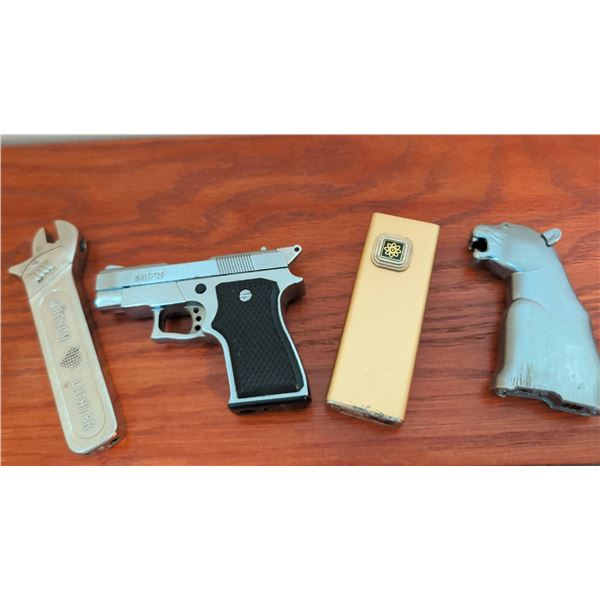 Novelty Lighter Lot: Wrench, Mini Pistol, Bear Head, Atomic Bar