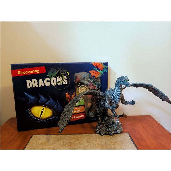 Wings Spread Dragon Figurine with Crystal Orb &'Discovering Dragons' Magnet Set
