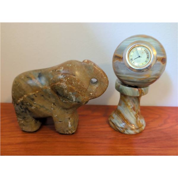 Onyx Carved Elephant and Onyx Desk Clock