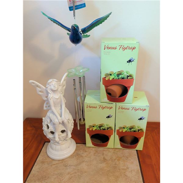 Venus Flytrap Grow Kits, Hummingbird Wind Chime, and Solar Fairy Statue