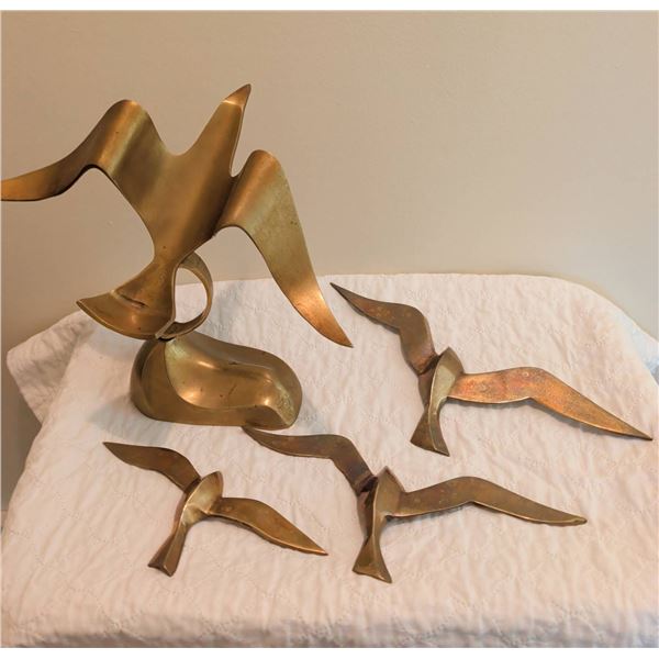 Brass Seagulls Sculptures and Wall Mounts, Set of 4