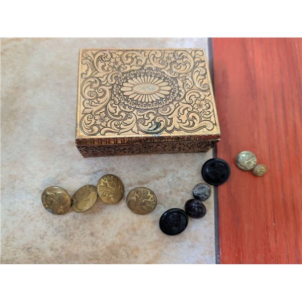 Ornate Brass Box with Assorted Decorative Buttons