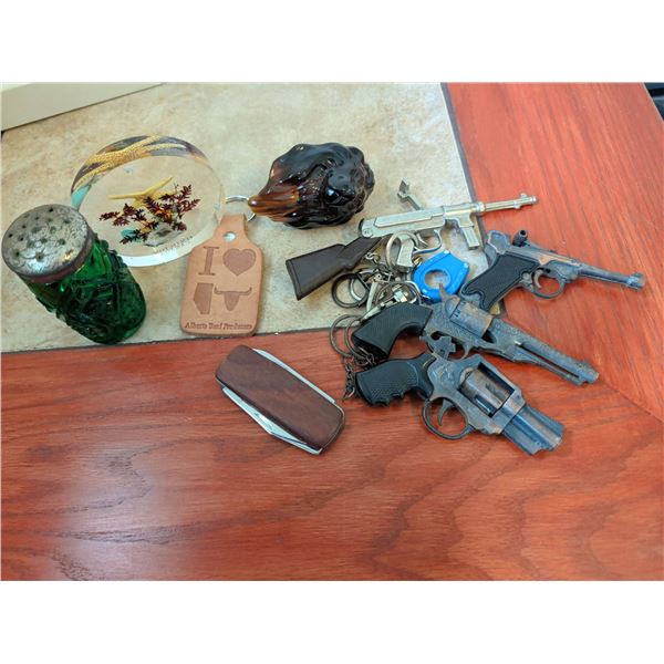 Lot: Die-Cast Toy Cap Guns, Souvenir Paperweight, Shaker, Keychains