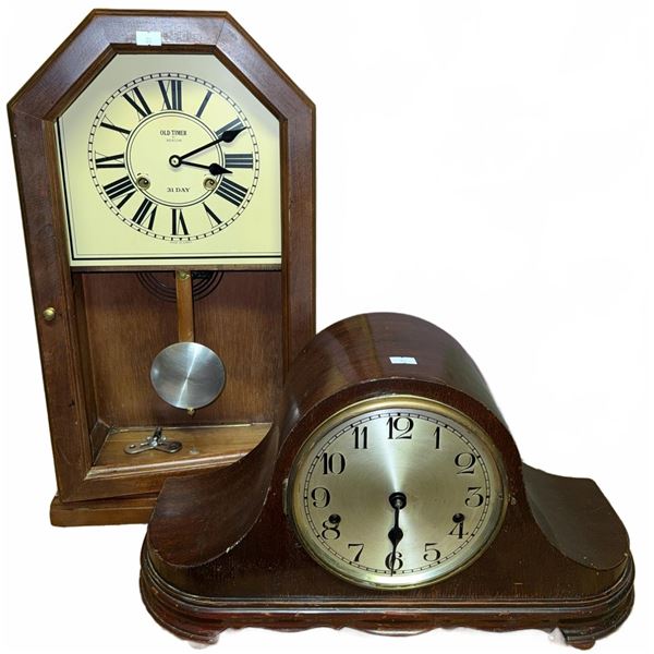Old Timer 31 Day Wall Clock and Wooden Mantel Clock Pair(missing Glass NOT tested!)