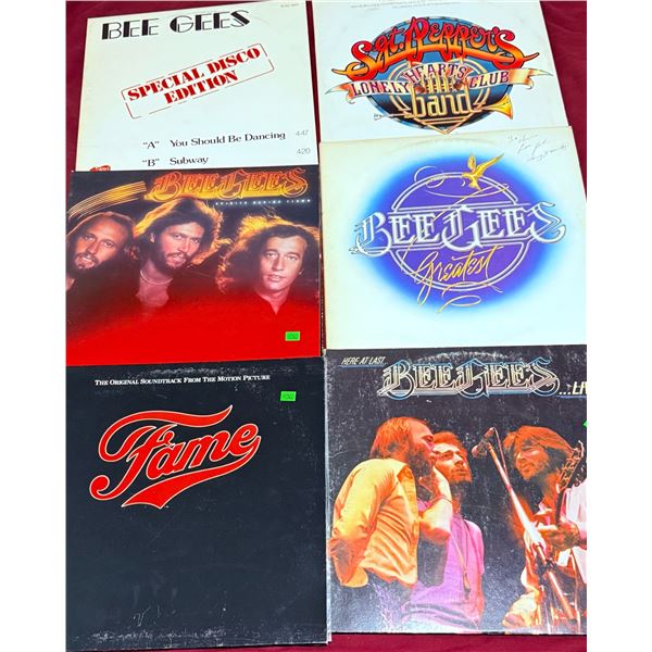 6 Vintage Vinyl Records - Bee Gees, Fame, Sgt. Pepper