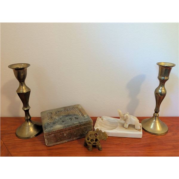 Lot: Brass Candlesticks, Stone Inlay Box, Stone Elephant Trinkets