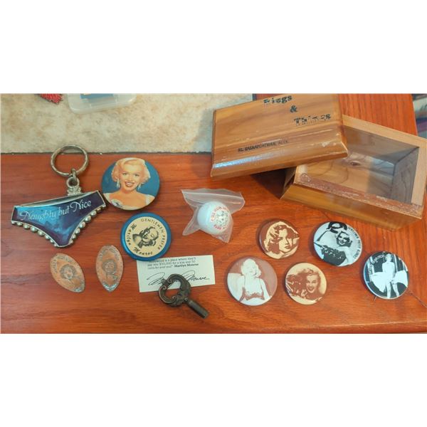 Marilyn Monroe Collectible Buttons, Keychain, Ephemera w/ Trinket Box