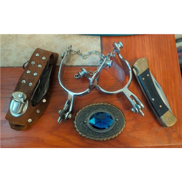 Western Lot: Buck 110 Folding Knife, Multi-Tool, Spurs, Belt Buckle