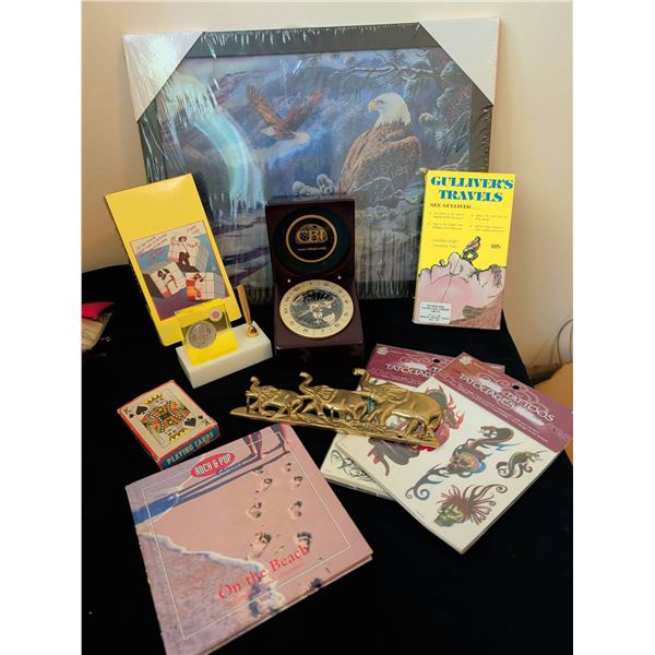 Lot: Art Print, Clocks, Brass Elephants, Cards, Tattoos, Misc.
