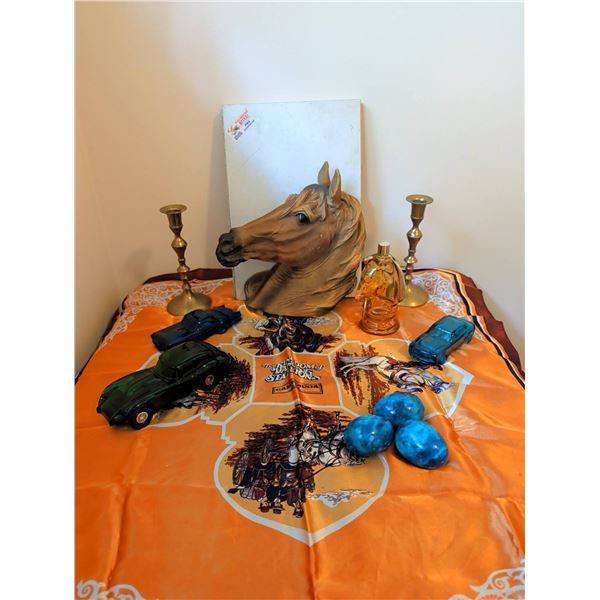 Lot: Glass Car Bottles, Stallion Scarf, Horse Decor, Candlesticks