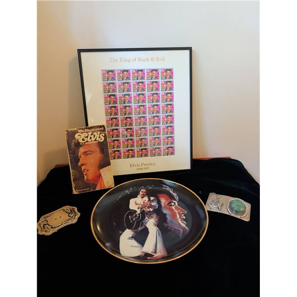 Elvis Presley Collectibles Lot with Plate, Stamps, Book, and Belt Buckles