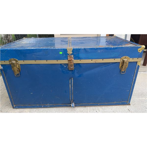 Large Blue Metal Storage Trunk with Brass Hardware