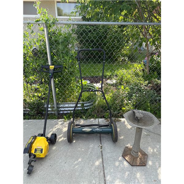 Yardworks Reel Lawn Mower, Yardworks Electric Lawn Edger and Metal Bird Bath