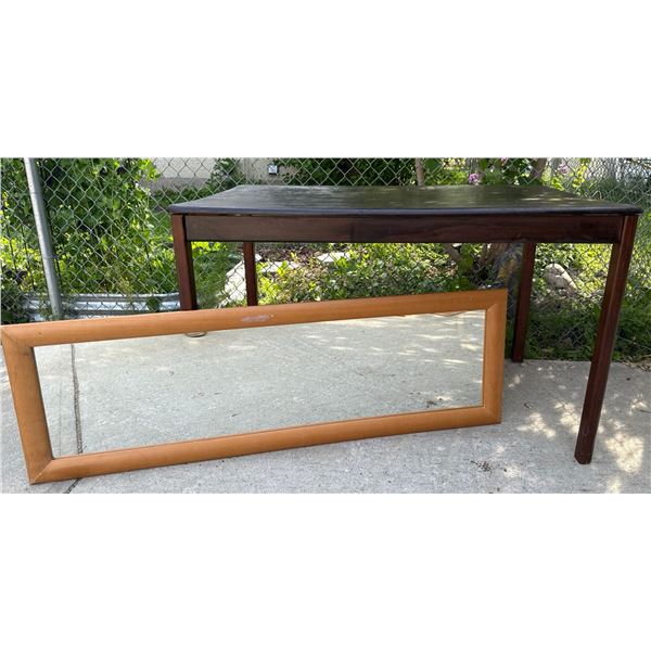 Rectangular Wood Table and Framed Wall Mirror