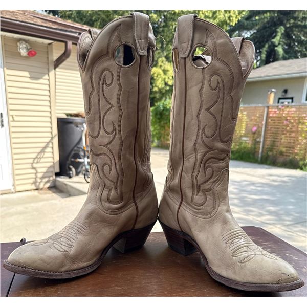 Light Tan Leather Cowboy Boots with Pull Straps